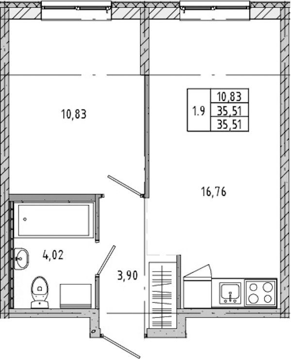 1-комнатная квартира 35.46 м², 1/17 эт., ЖК «Новые горизонты 2»